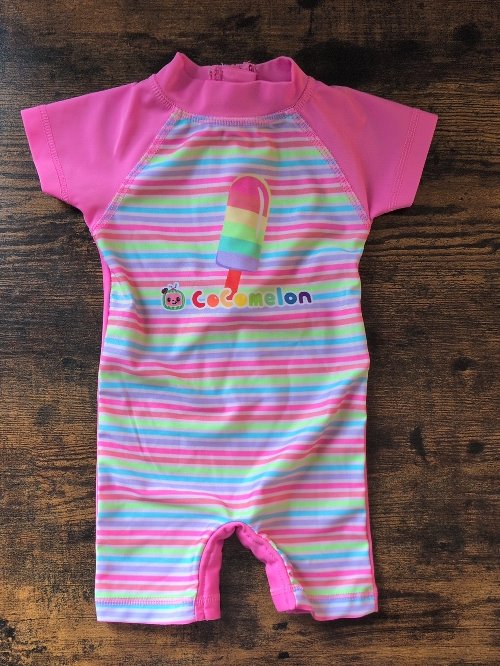 5/$25 Cocomelon Pink Stripe Short-Sleeve Swimsuit Romper 3-6M